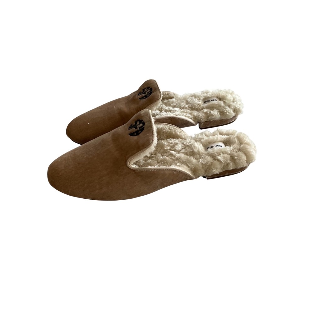 Birdies‎ Velvet Faux Fur Slippers Women 8.5 Tan Monogram SFB Mules